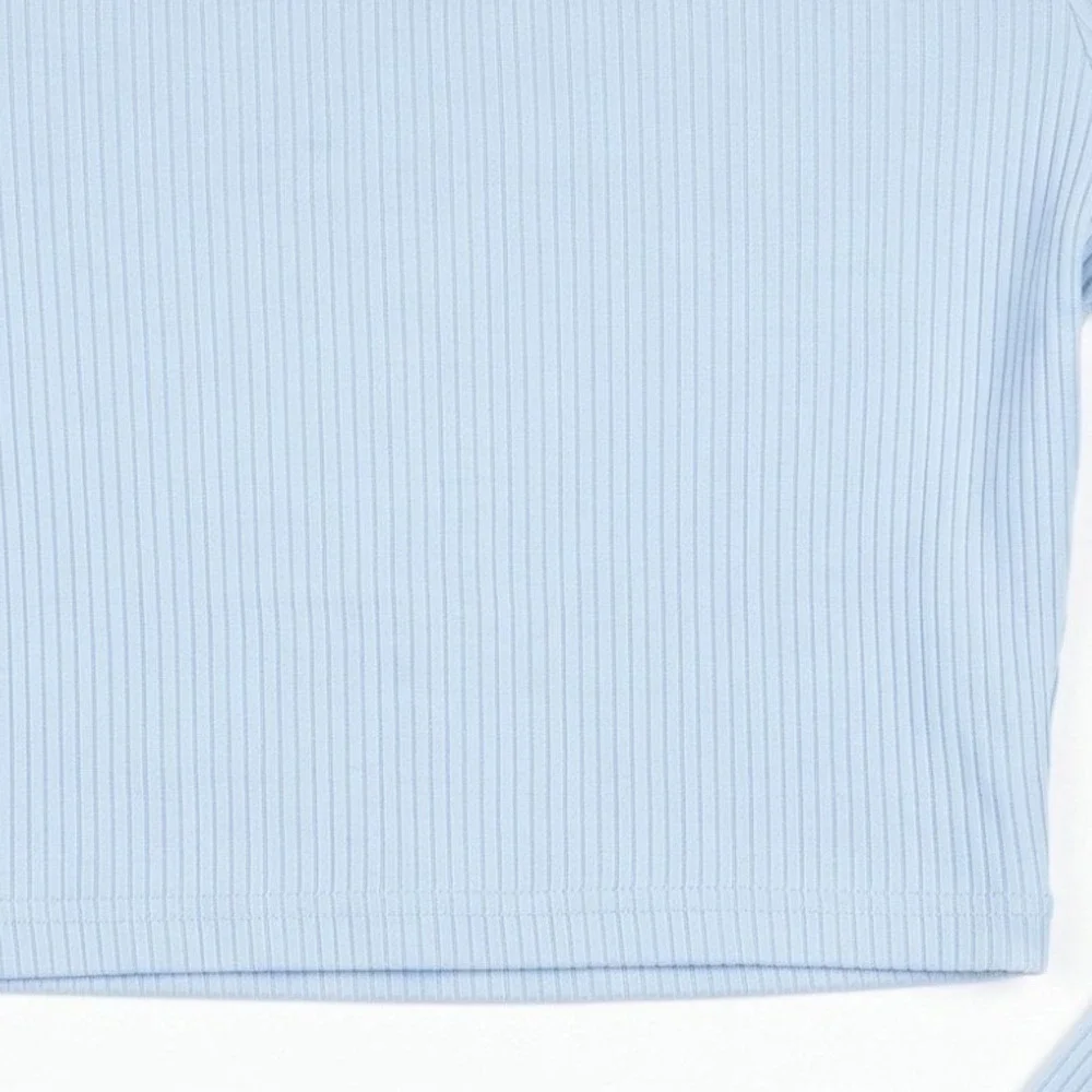 Anthropologie‎ Mable Womens S Light Blue Ribbed Ruched Off Shoulder Crop Top